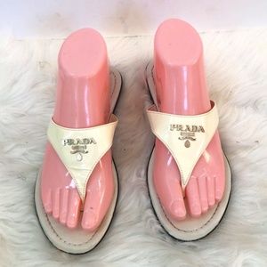 Prada Ivory Patent Leather Triangle Logo Thong Slides Size 7.5